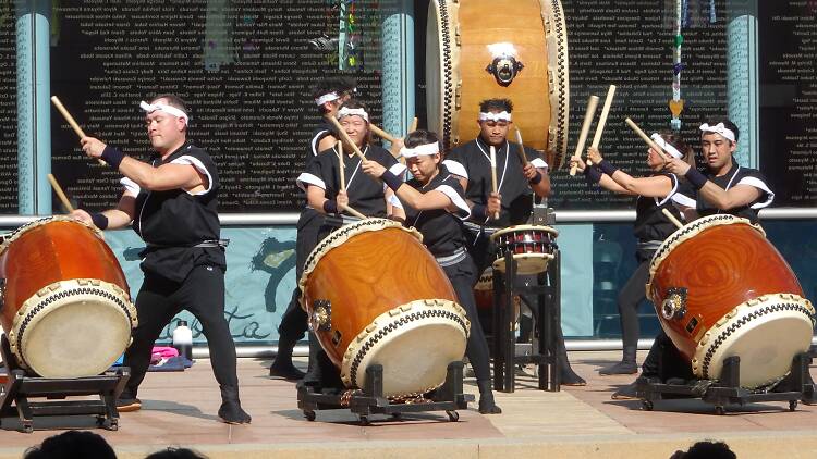 Madoko Taiko group at Japanese American National Museum Taiko drummers performing.