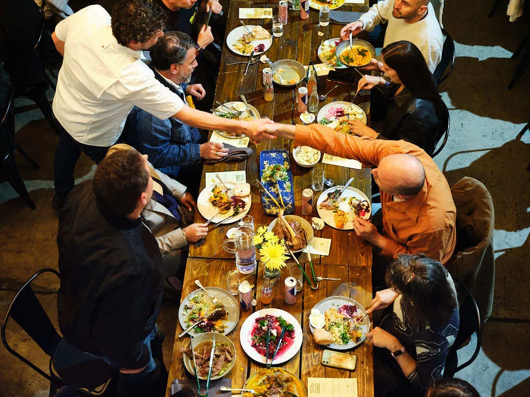 Aerial shot of guests dining at table