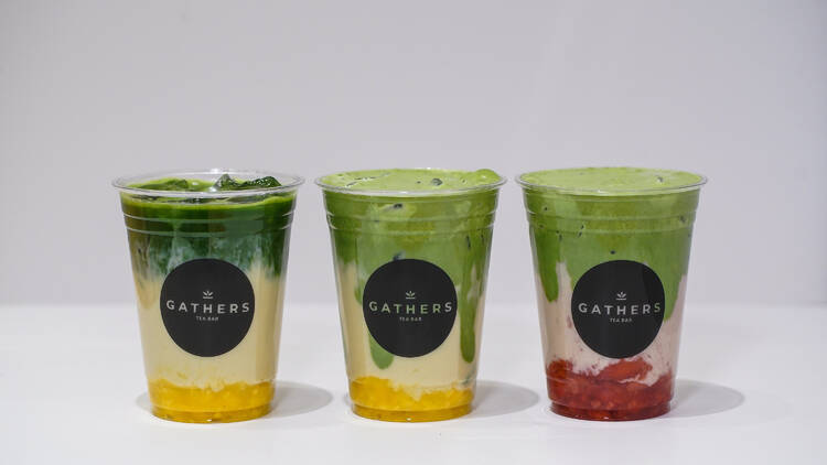 Mango matcha latte, mango matcha cream and strawberry matcha cream from Gathers