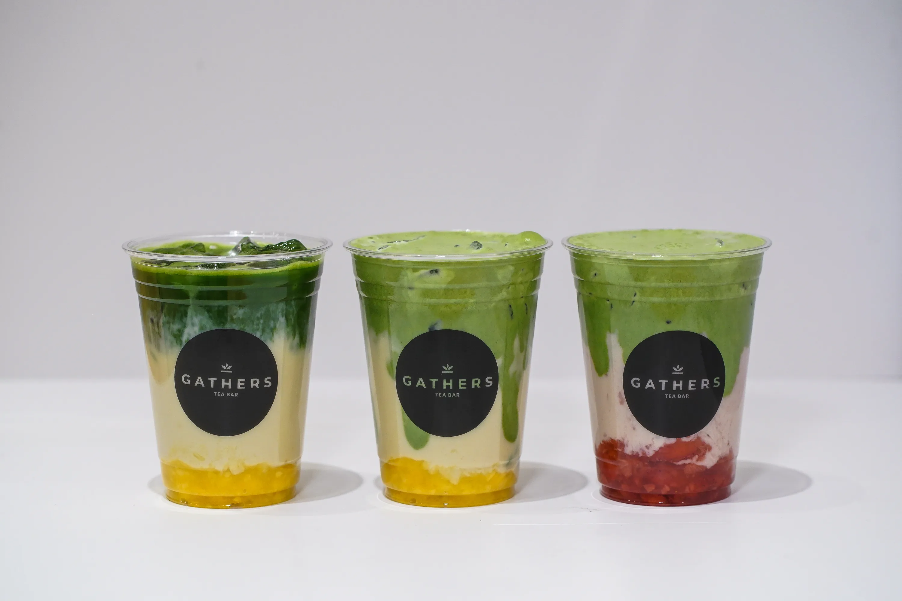 Mango matcha latte, mango matcha cream and strawberry matcha cream from Gathers