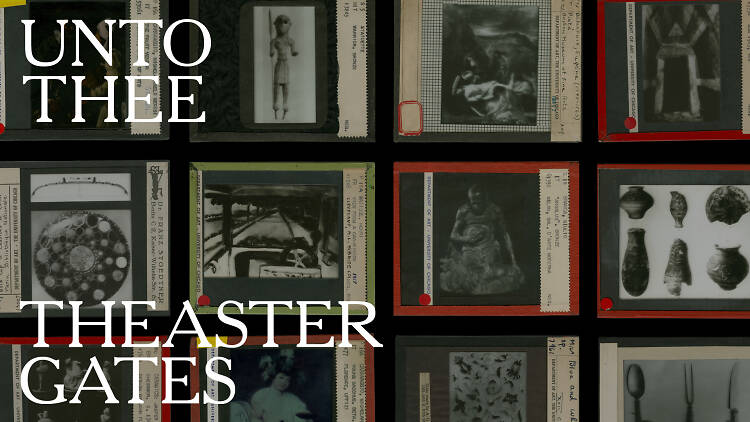 Glass lantern slides with the text "Unto Thee Theaster Gates"