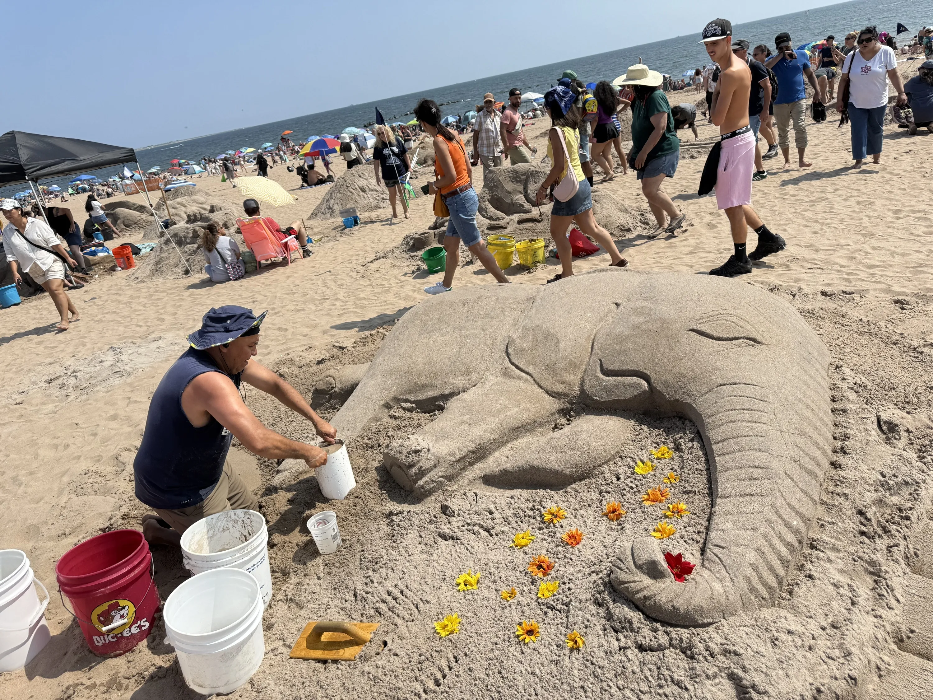 A sand sculpture of an elephant.
