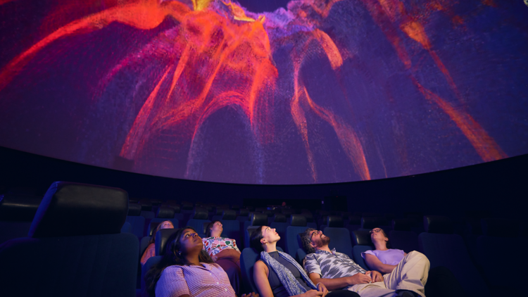 People in a theatre looking up at a dome displaying the cosmos