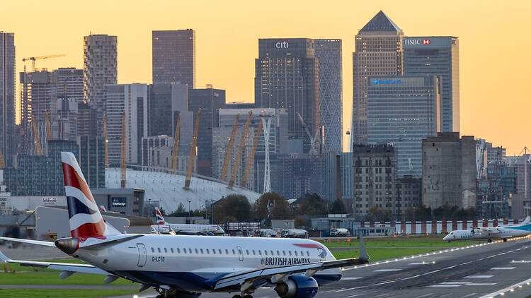 London City Airport with British Airways plane on the runway