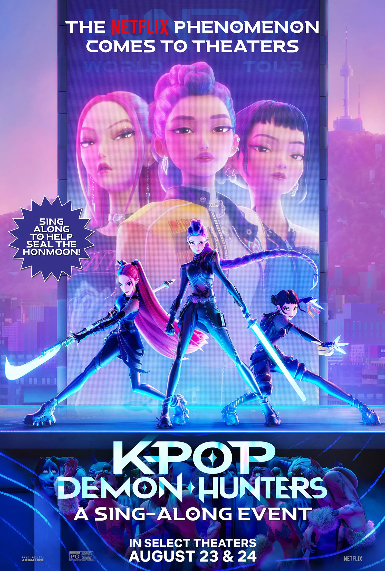 Group of three animated K-pop performers on a stage in fighting position while their photos are behind them on a big poster.