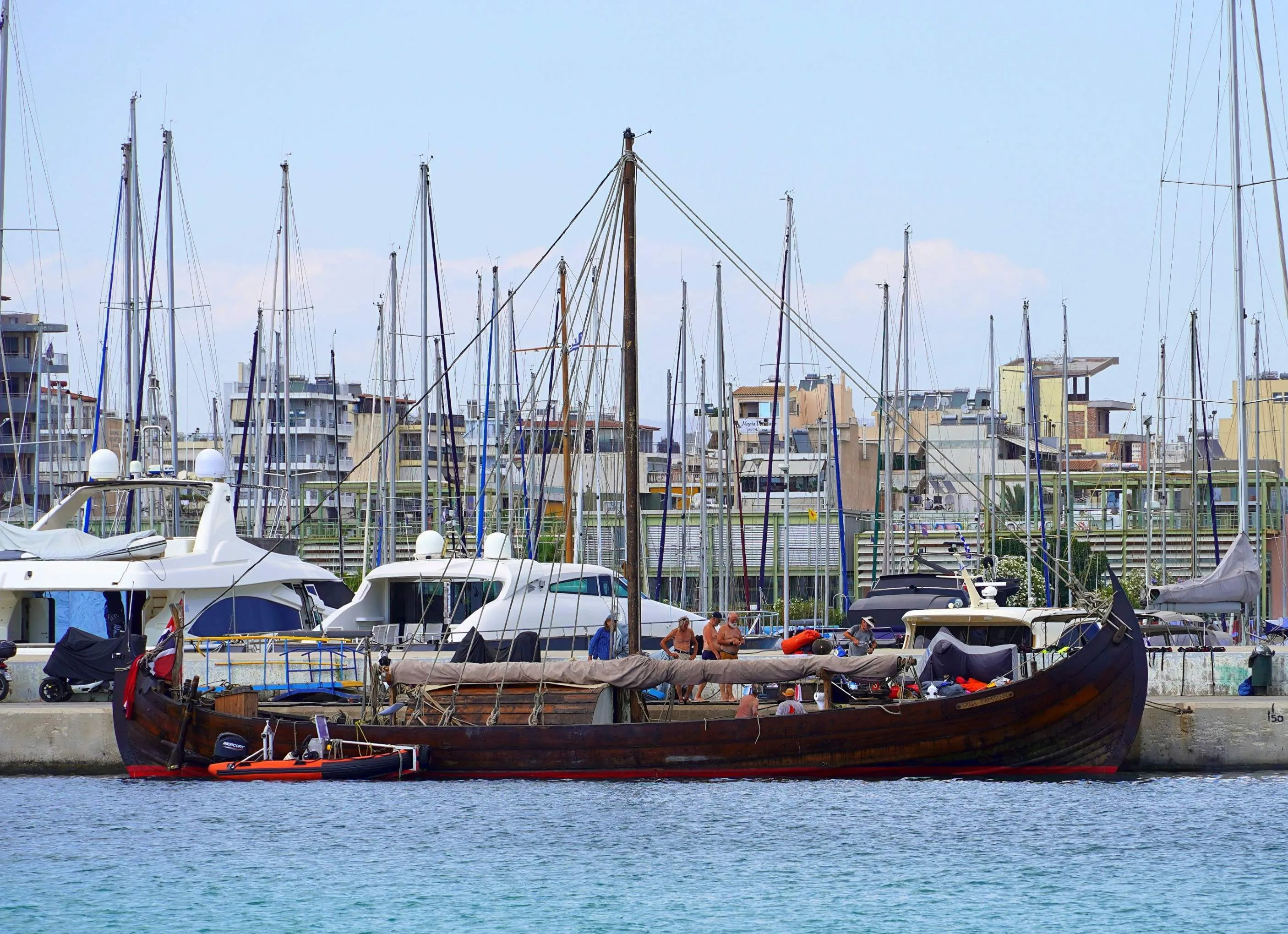 The Saga Farmann docked at a port in Greece.