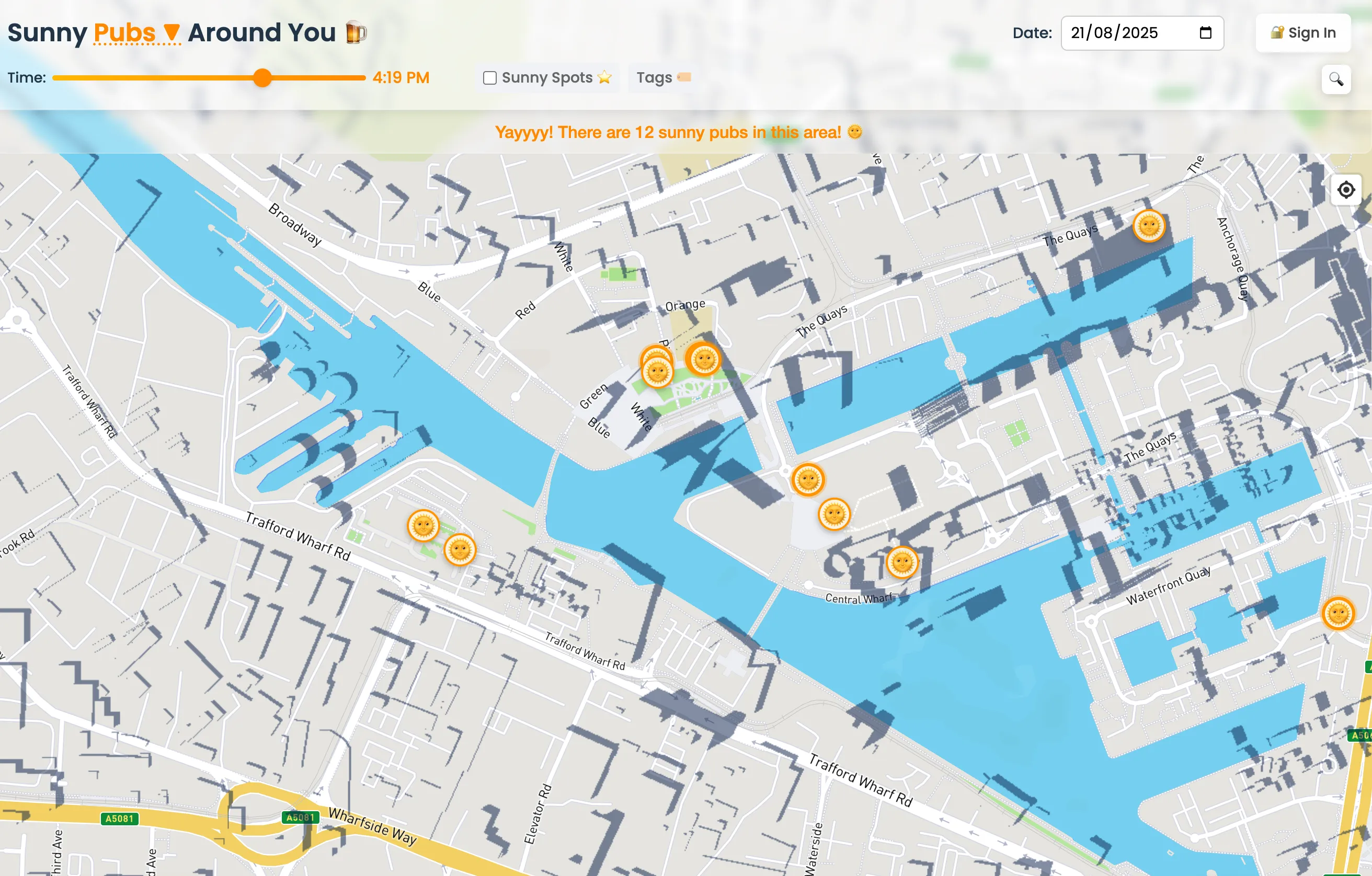 Sunseekr app showing Manchester pubs in the sun