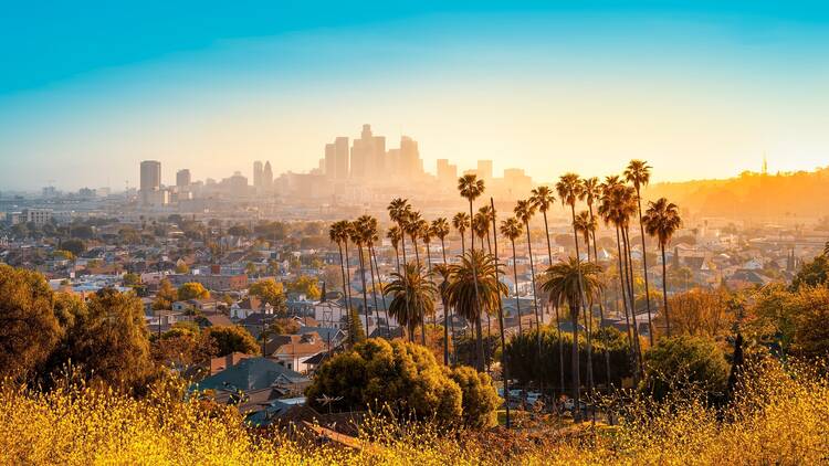 Los Angeles skyline during sunset