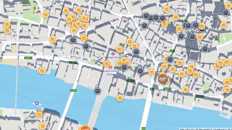 Sunseekr web app, a map showing sunny pubs in the UK