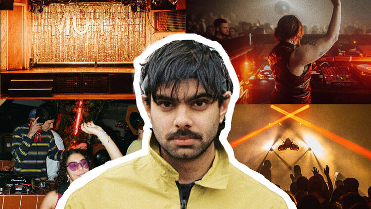 DJ Anish Kumar in front of a collage of nightclubs