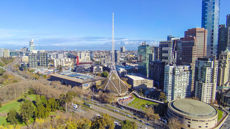 An aerial shot of Arts Centre Melbourne.