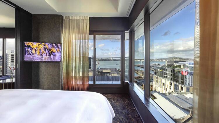 Hotel room overlooking city