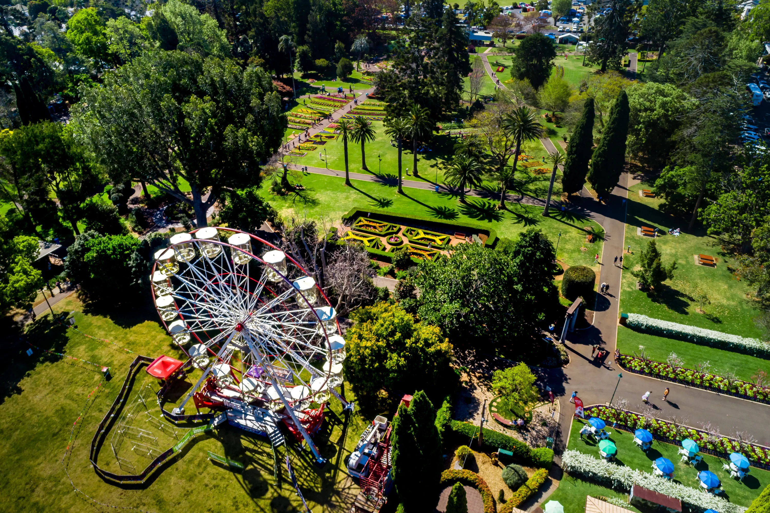 Aerial view of park with ferris wheel