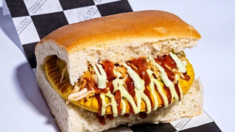 A Jamacian patty wrapped in coco bread