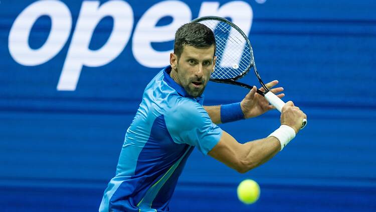 Novak Djokovic of Serbia returns ball during 4th round against Borna Gojo of Croatia at the US Open Championships at Billie Jean King Tennis Center in New York on September 3 2023 Novak Djokovic of Serbia returns ball during 4th round against Borna Gojo of Croatia at the US Open Championships at Billie Jean King Tennis Center in New York on September 3 2023