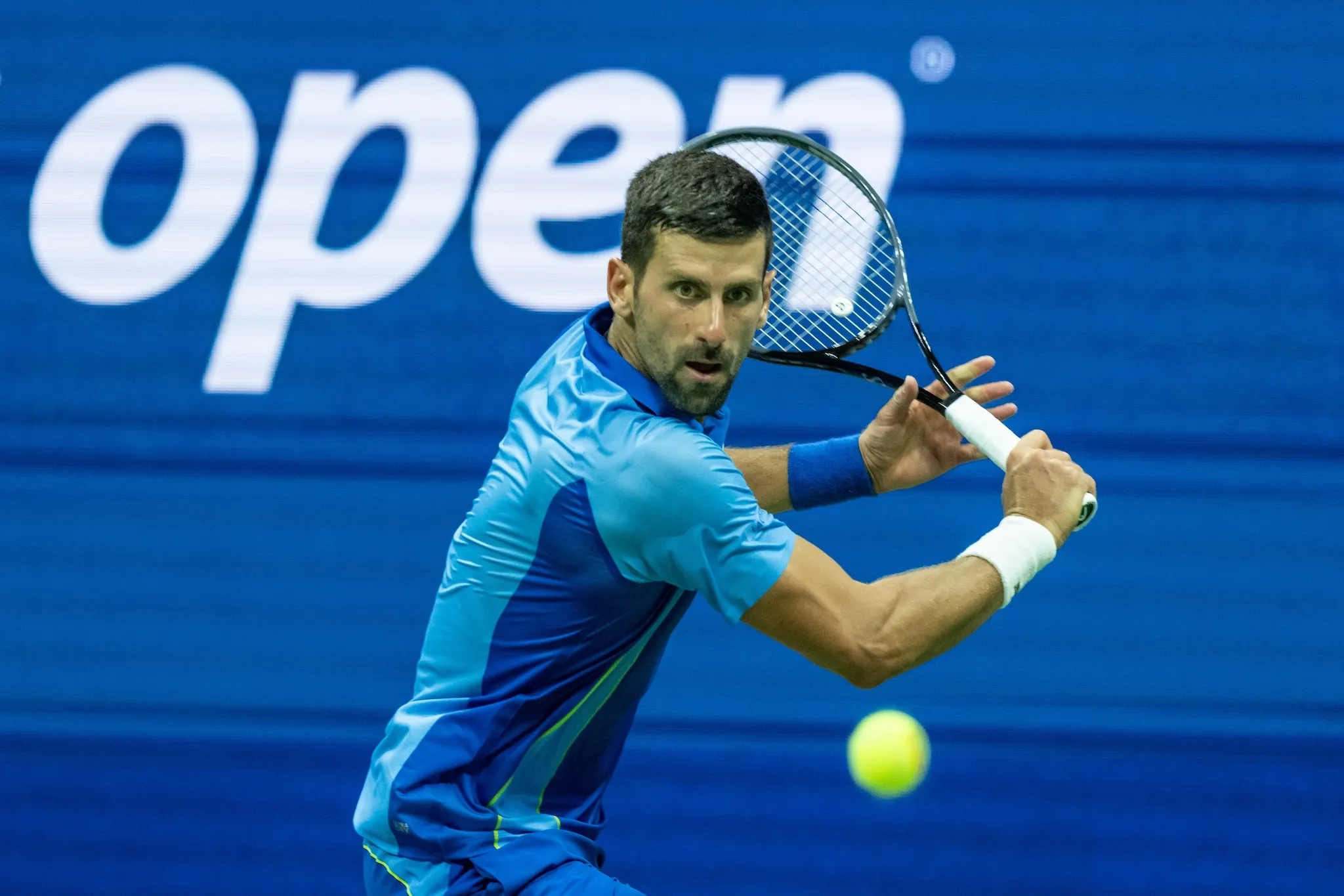 Novak Djokovic of Serbia returns ball during 4th round against Borna Gojo of Croatia at the US Open Championships at Billie Jean King Tennis Center in New York on September 3 2023