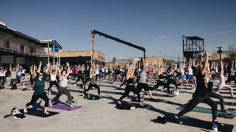 A group of people do yoga on the Salt Shed grounds.