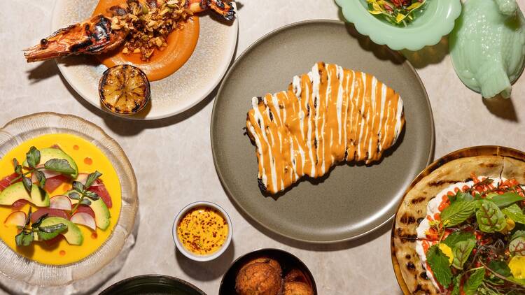 An overhead shot of all of the food at Markette