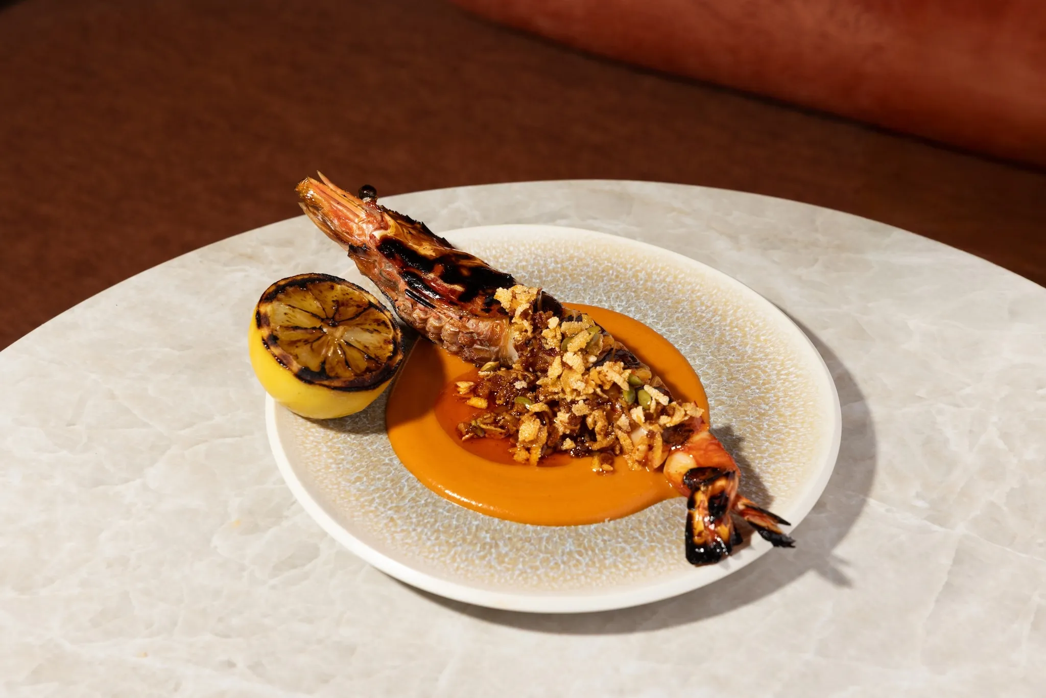| Grilled Prawns in a sungold bouillabaisse with chili crisp