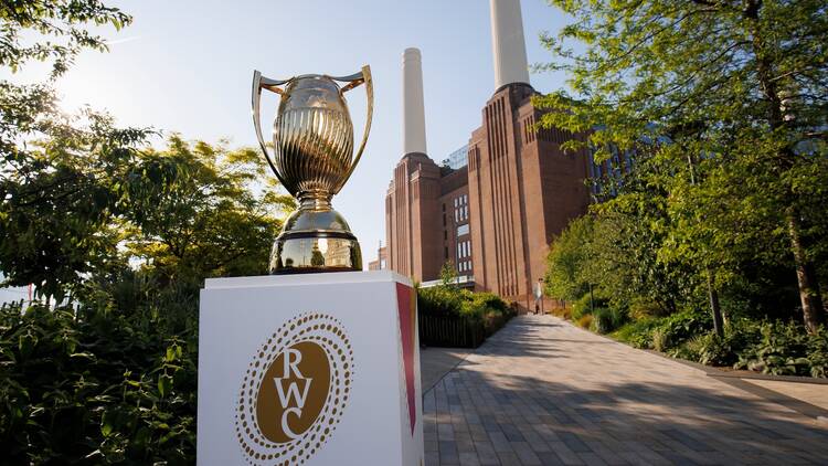 Women's Rugby World Cup trophy outside Battersea Power Station