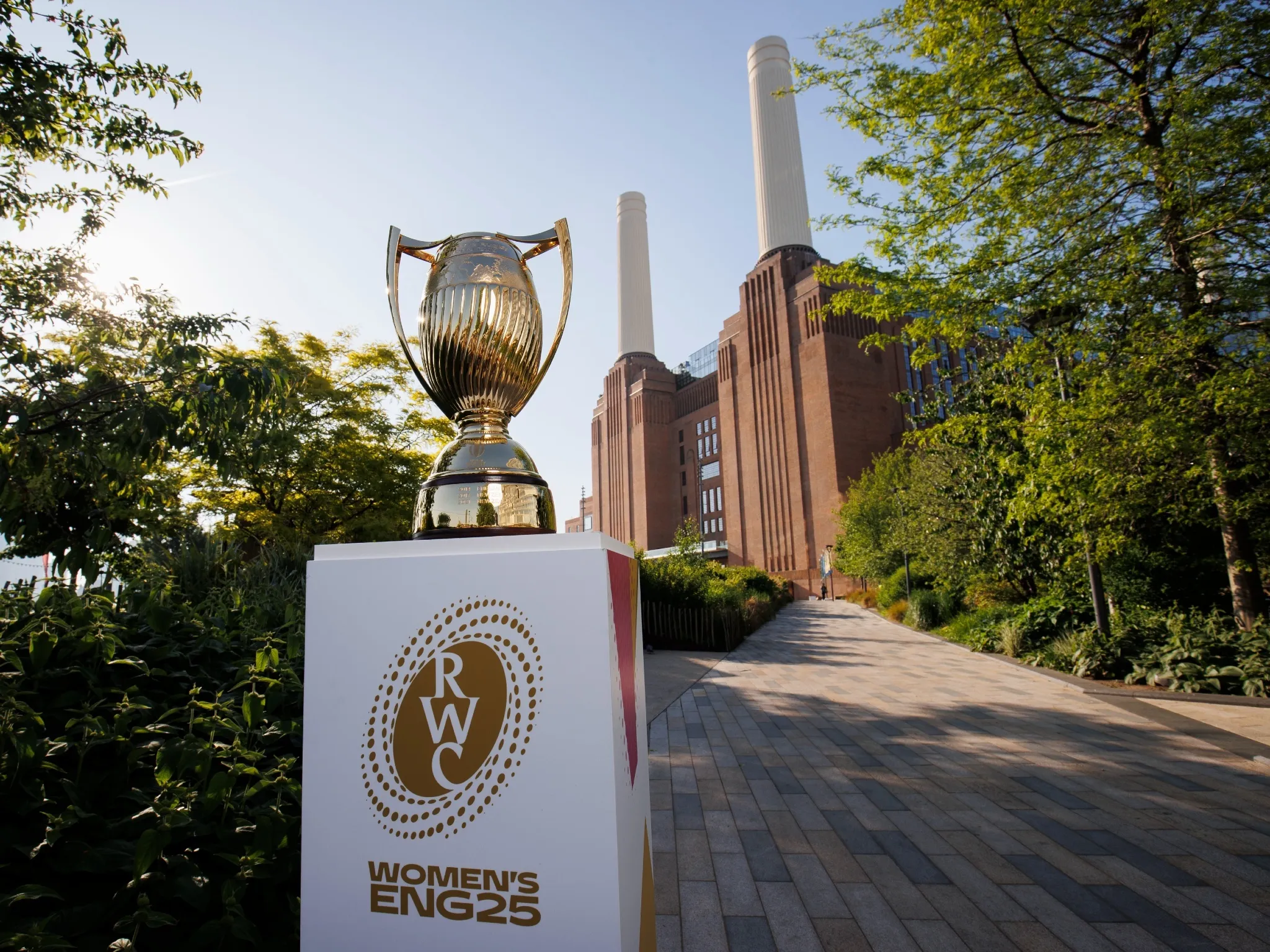 Women's Rugby World Cup trophy outside Battersea Power Station