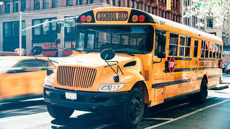 School bus on busy streets of Manhattan