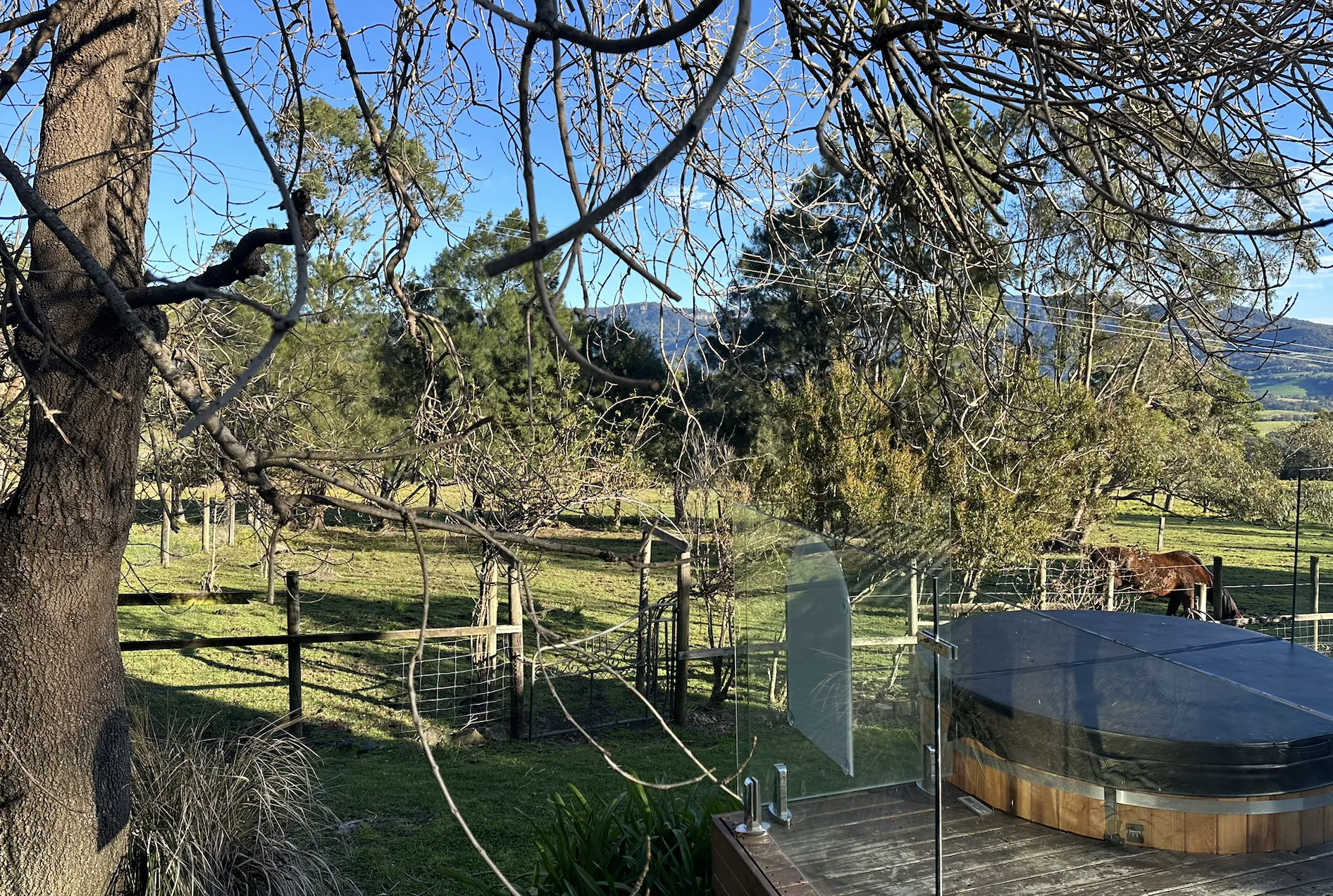 A hot tub looking over paddock in Jamberoo