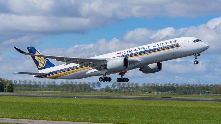 Amsterdam, Netherlands - April 21, 2024: Singapore Airlines Airbus A350-900 taking off from at Amsterdam Schiphol Airport.
