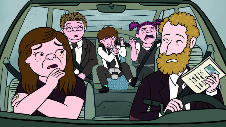 |  Long Story Short (L to R) Lisa Edelstein as Naomi Schwartz, Ben Feldman as Avi Schwooper, Max Greenfield as Yoshi Schwooper, Abbi Jacobson as Shira Schwooper and Paul Reiser as Elliot Cooper in Long Story Short.