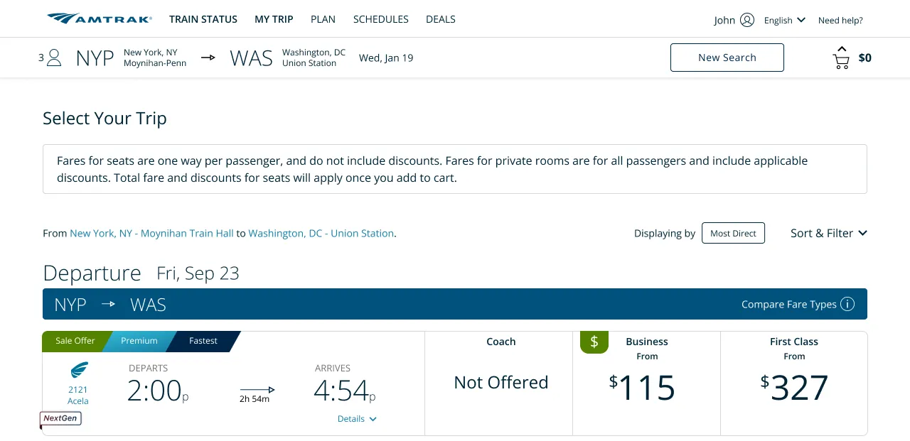 Amtrak NextGen Acela booking screenshot