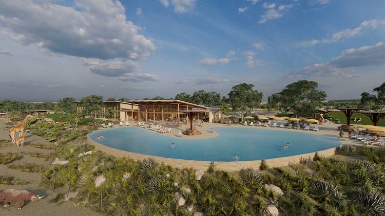 Render of pool surrounded by bush and animals