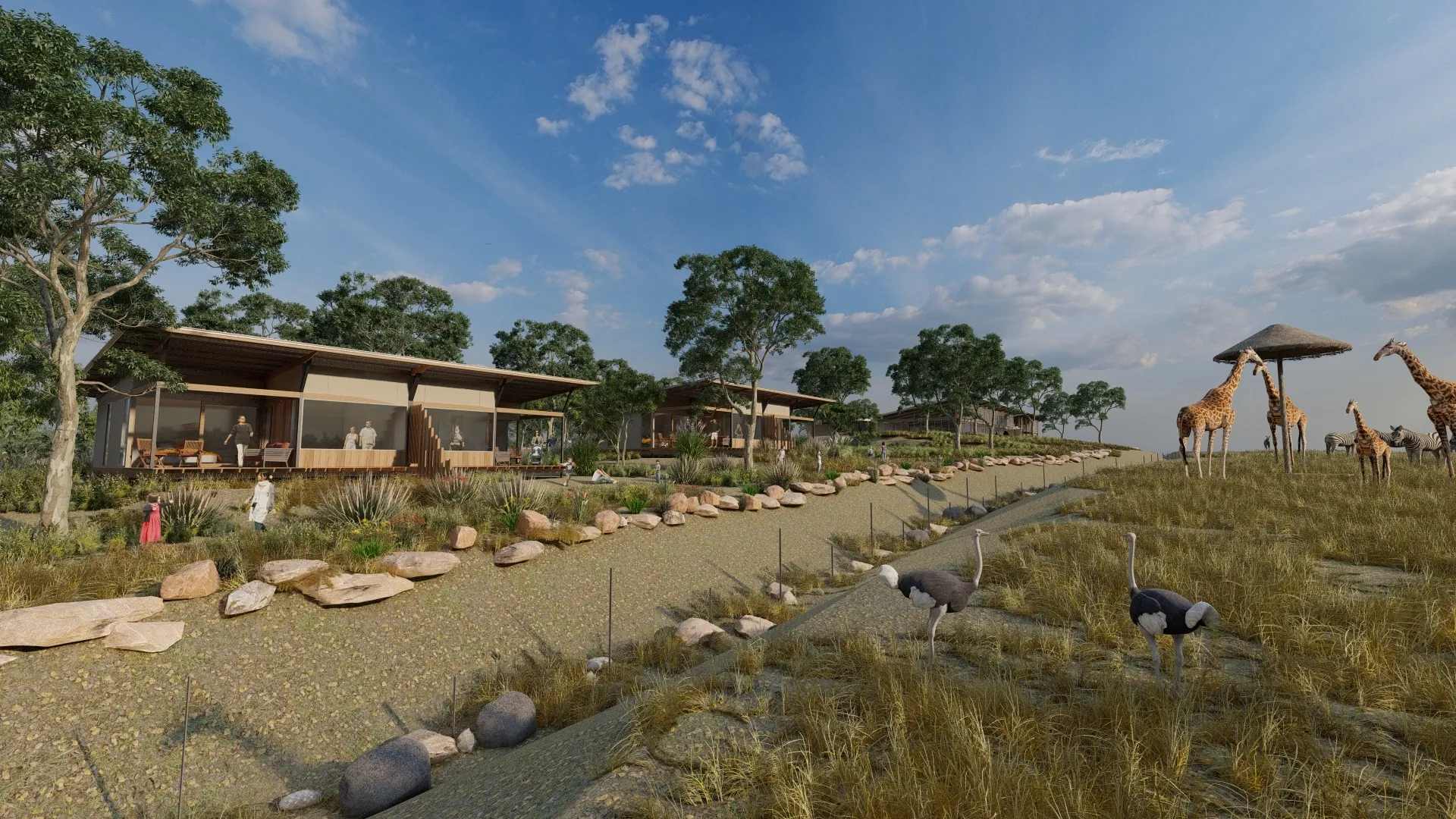 Render of huts in bushland