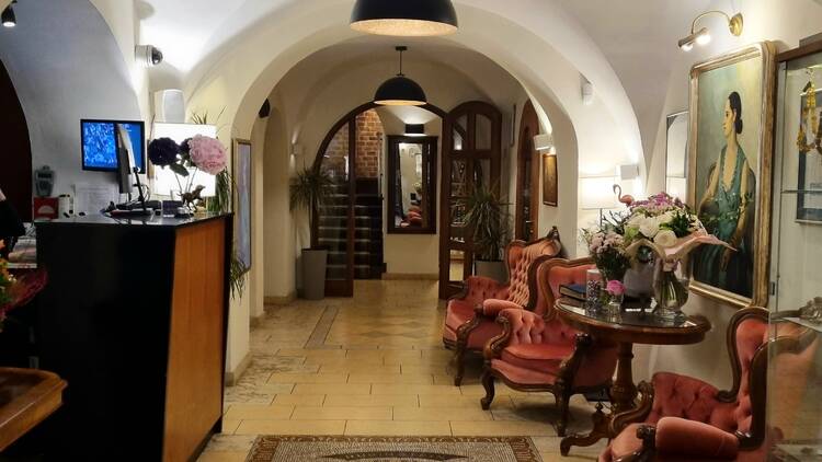 A photo of the lobby at the Rubinstein Hotel in Krakow