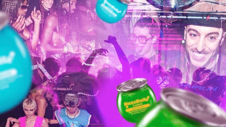 Collage featuring BuzzBallz, a disco ball, DJ and people dancing in a nightclub 
