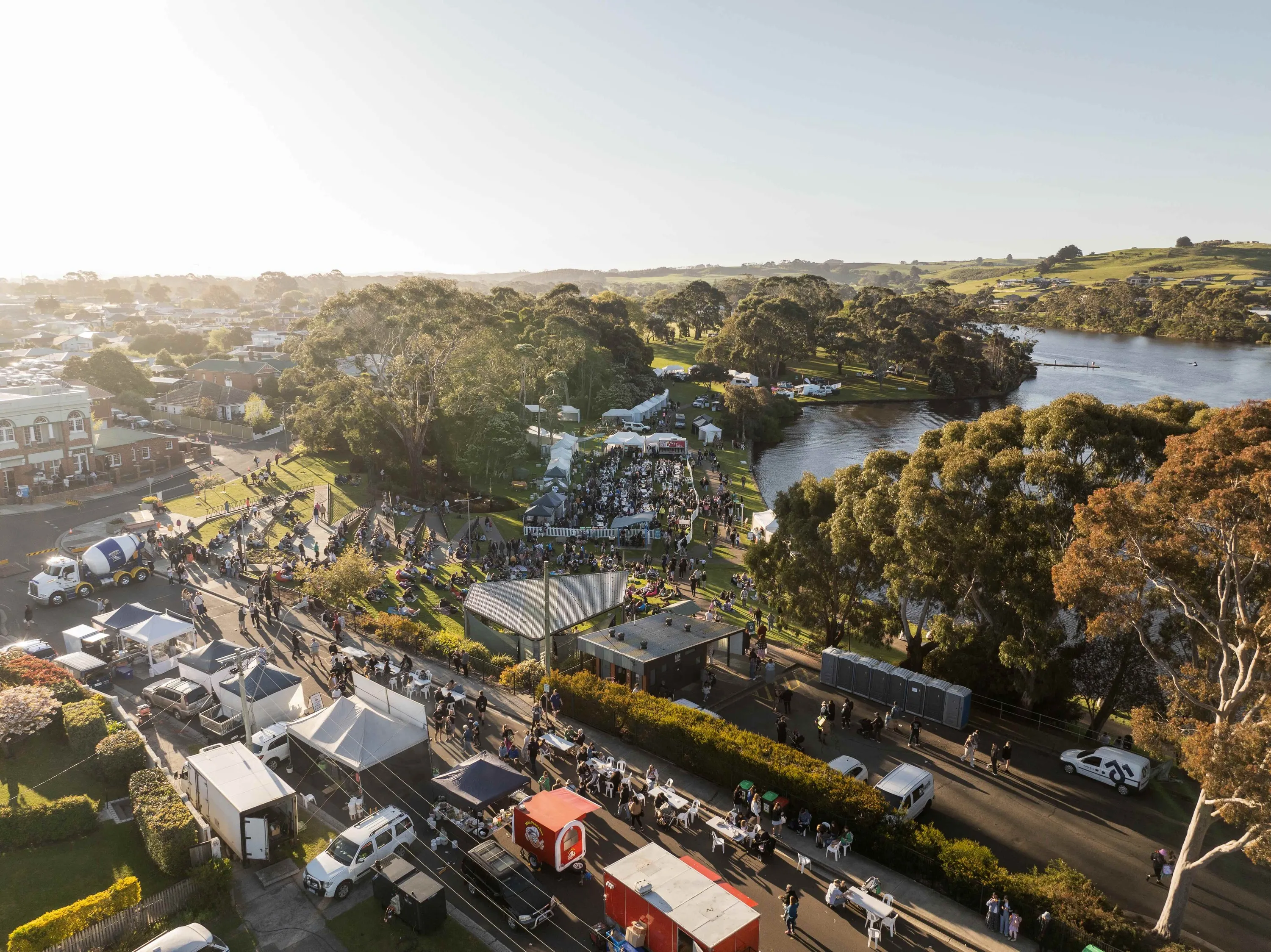 Aerial of parkland with festival