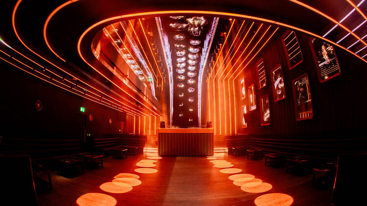 Futuristic nightclub with red neon lighting 