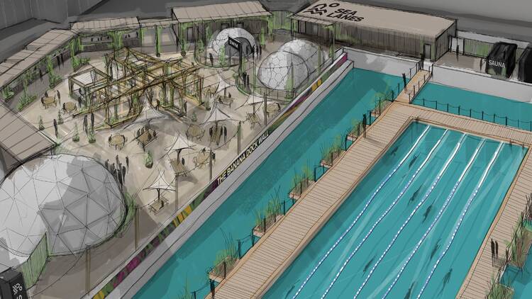 Illustration of a 50m outdoor swimming pool with wooden boardwalk