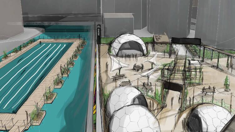 Illustration of a 50m outdoor swimming pool with wooden boardwalk