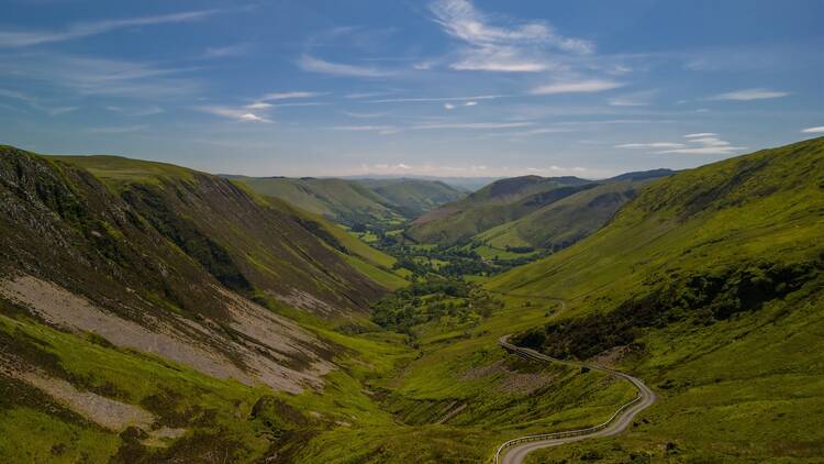 Bwlch y groes mountain pass, the view encompasses the plain of the Dyfi valley and Cadair Idris