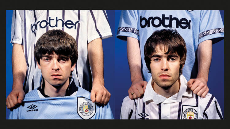 Liam and Noel Gallagher of Oasis Liam and Noel Gallagher of Oasis in football jerseys.