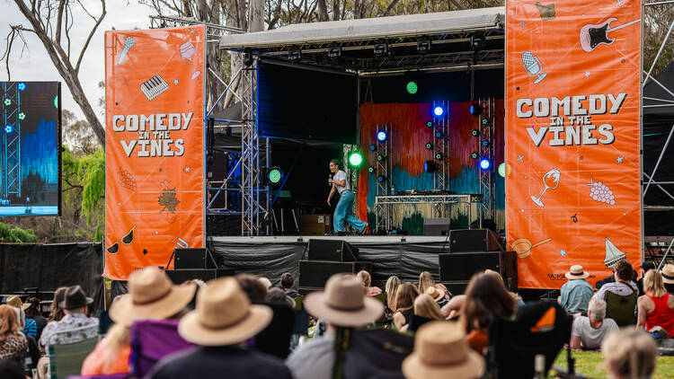 A woman performing on stage at Comedy in the Vines.