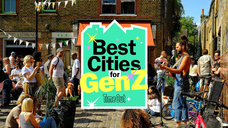 A group of people watch a performer in a street in London. A badge reading Best Cities for Gen Z is overlaid.