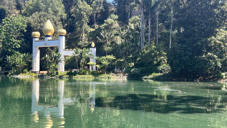 The lake and outdoor lotus church at Self-Realization Fellowship Lake Shrine.