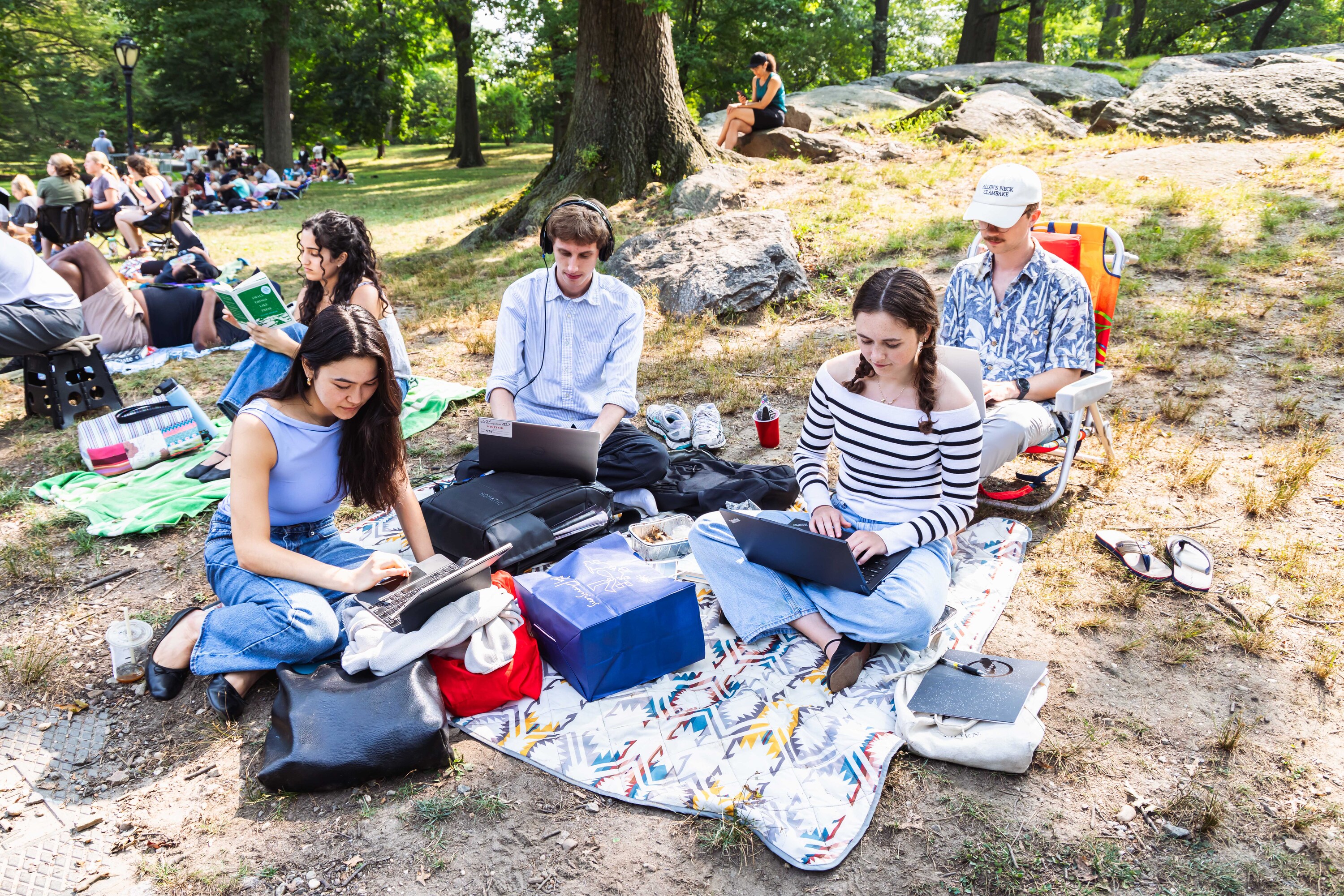 People sit on the ground working on laptops in Central Park while waiting for Shakespeare tickets.