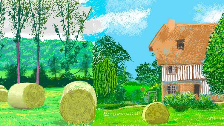 An iPad drawing with rich greens and blues showing a house in the countryside with hay bales in Normandy