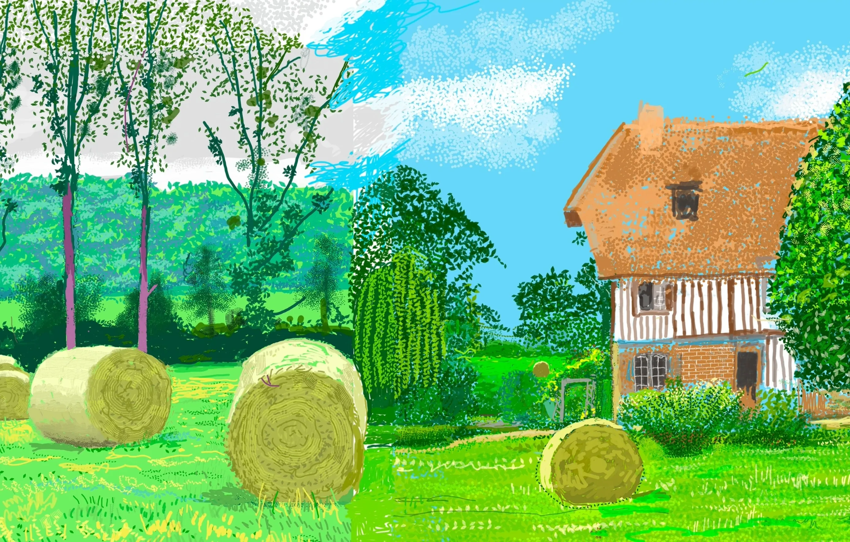An iPad drawing with rich greens and blues showing a house in the countryside with hay bales in Normandy