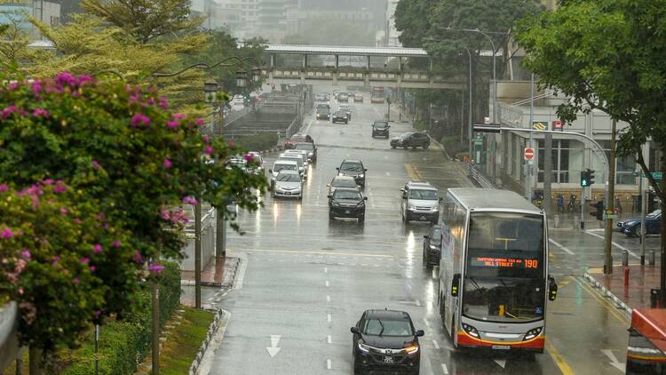 rain in the center of Singapore. April 10, 2020