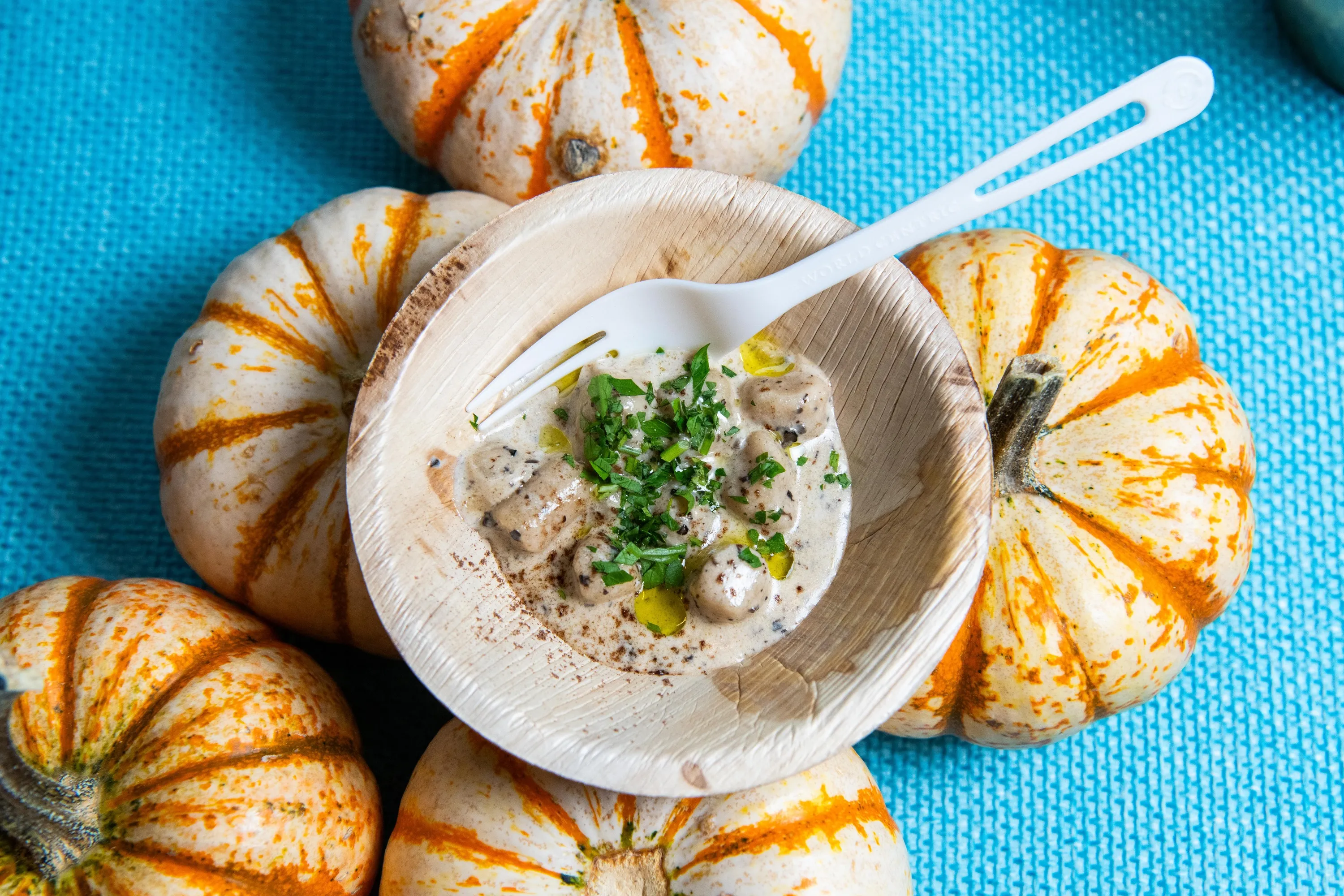 A small tasting plate of food displayed next to mini pumpkins.