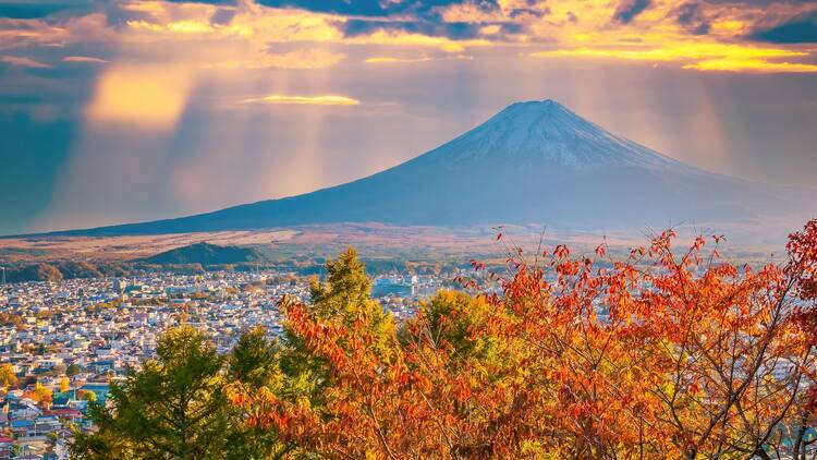 Mount Fuji in Japan. Japanese city foot of volcano. Autumnal Japan. Landscape of Fujikawaguchiko city from afar. Japanese city in autumn morning. Tour Japan. Fuji volcano illuminated by rays of sun