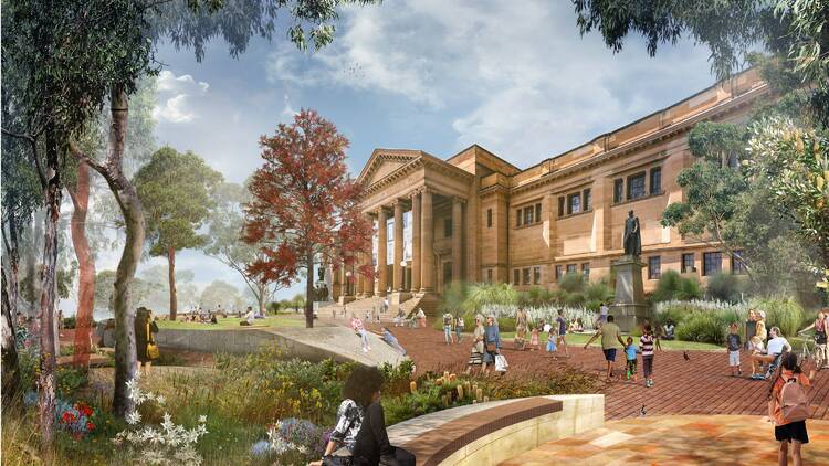 Render image of the State Library and proposed forecourt
